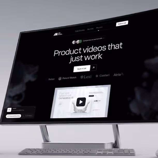 Computer screen showing a website with the text 'Product videos that just work' and a play button.