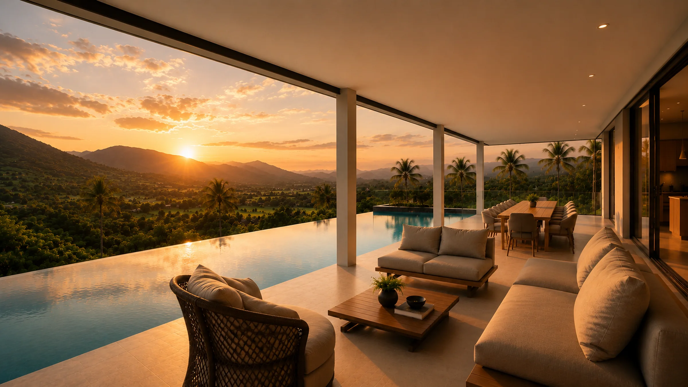 Manick Hillside villa terrace overlooking the hills at sunset