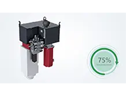 3D model of an electro-hydraulic press with a 75% power indicator dial on the right.
