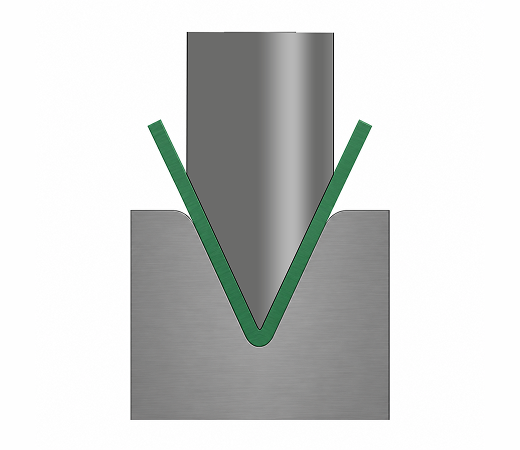 Diagram of a metal sheet being bent into a V shape by a punch and a V-shaped die.