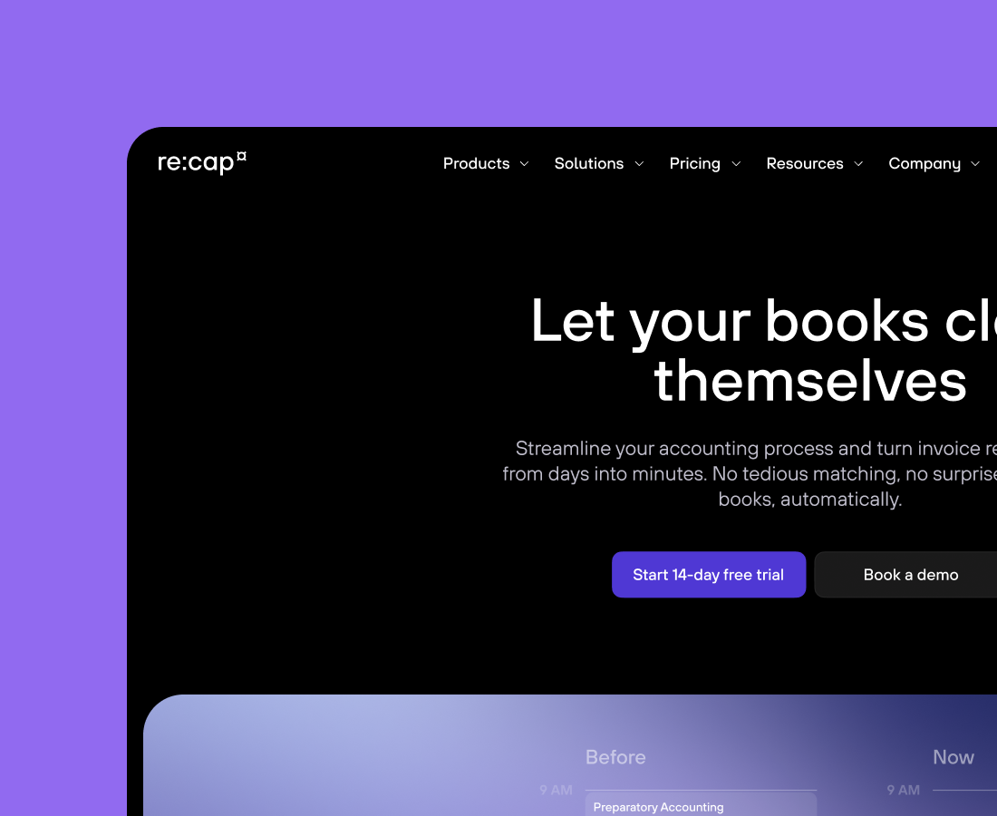 Website header with navigation links and text about automating bookkeeping and accounting tasks.