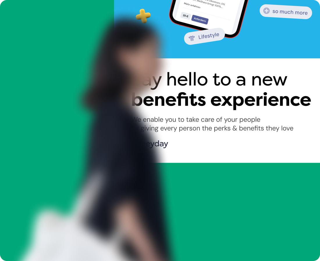 Blurred side view of a person carrying a white bag in front of a colorful benefits experience advertisement.