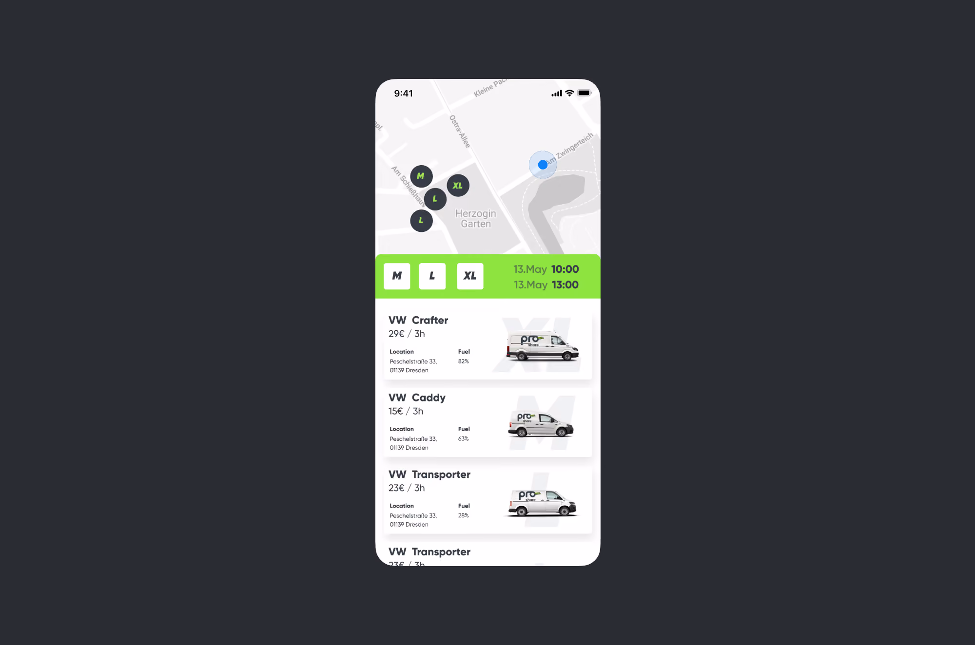 Mobile app screen showing VW van rentals with map, sizes, dates, prices, locations, and fuel levels.