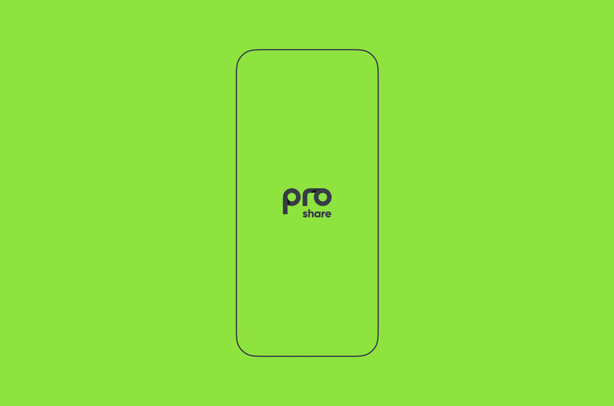 Minimal outline of a smartphone with the word 'pro share' in black on a bright green background.