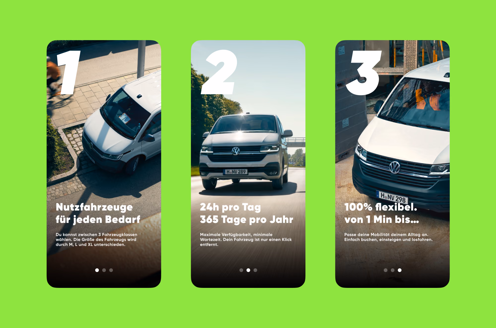 Three images of white Volkswagen vans with German text about vehicle options, availability, and flexibility.