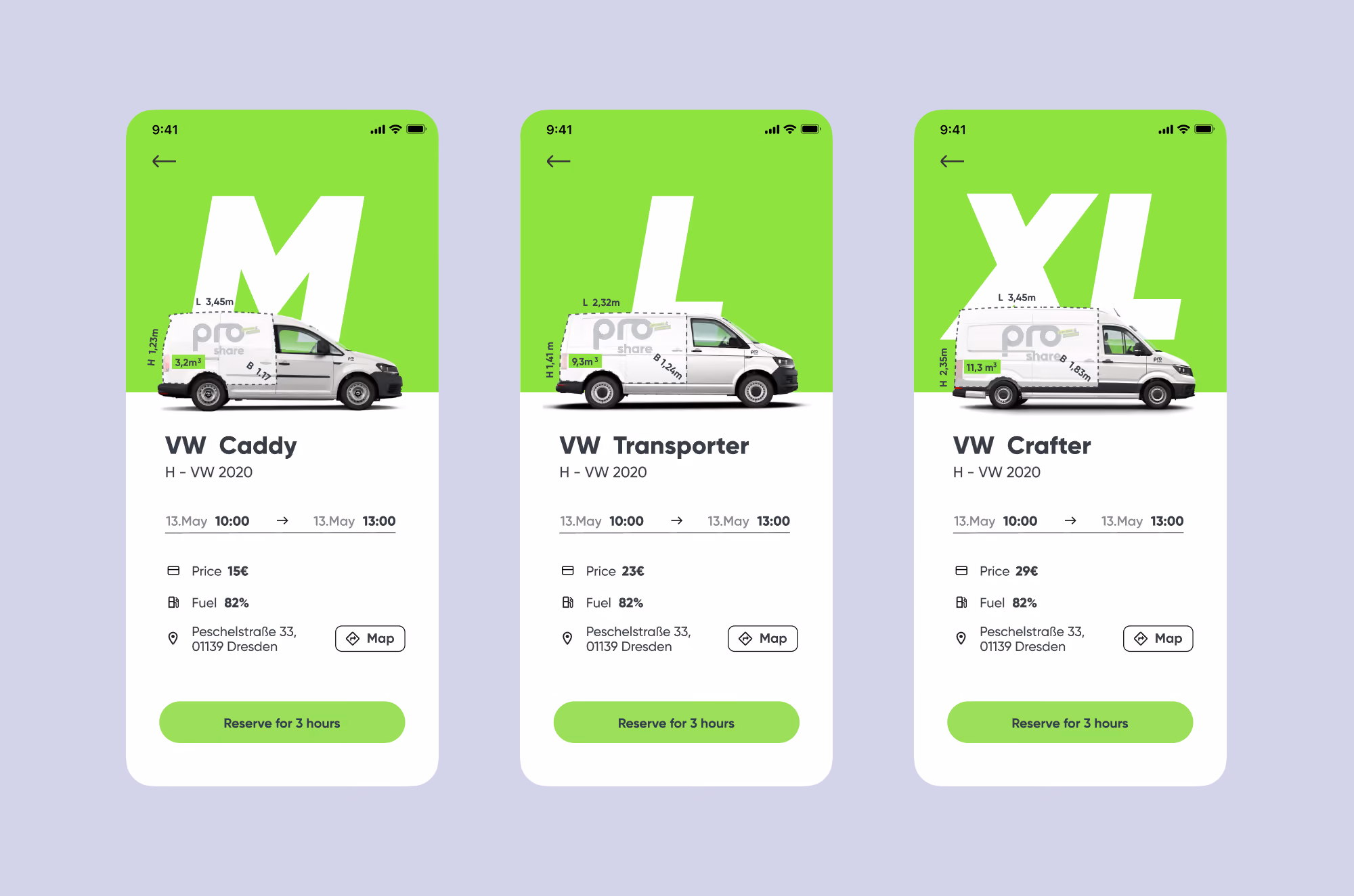 Three car rental options: VW Caddy M, VW Transporter L, VW Crafter XL with prices and fuel levels.