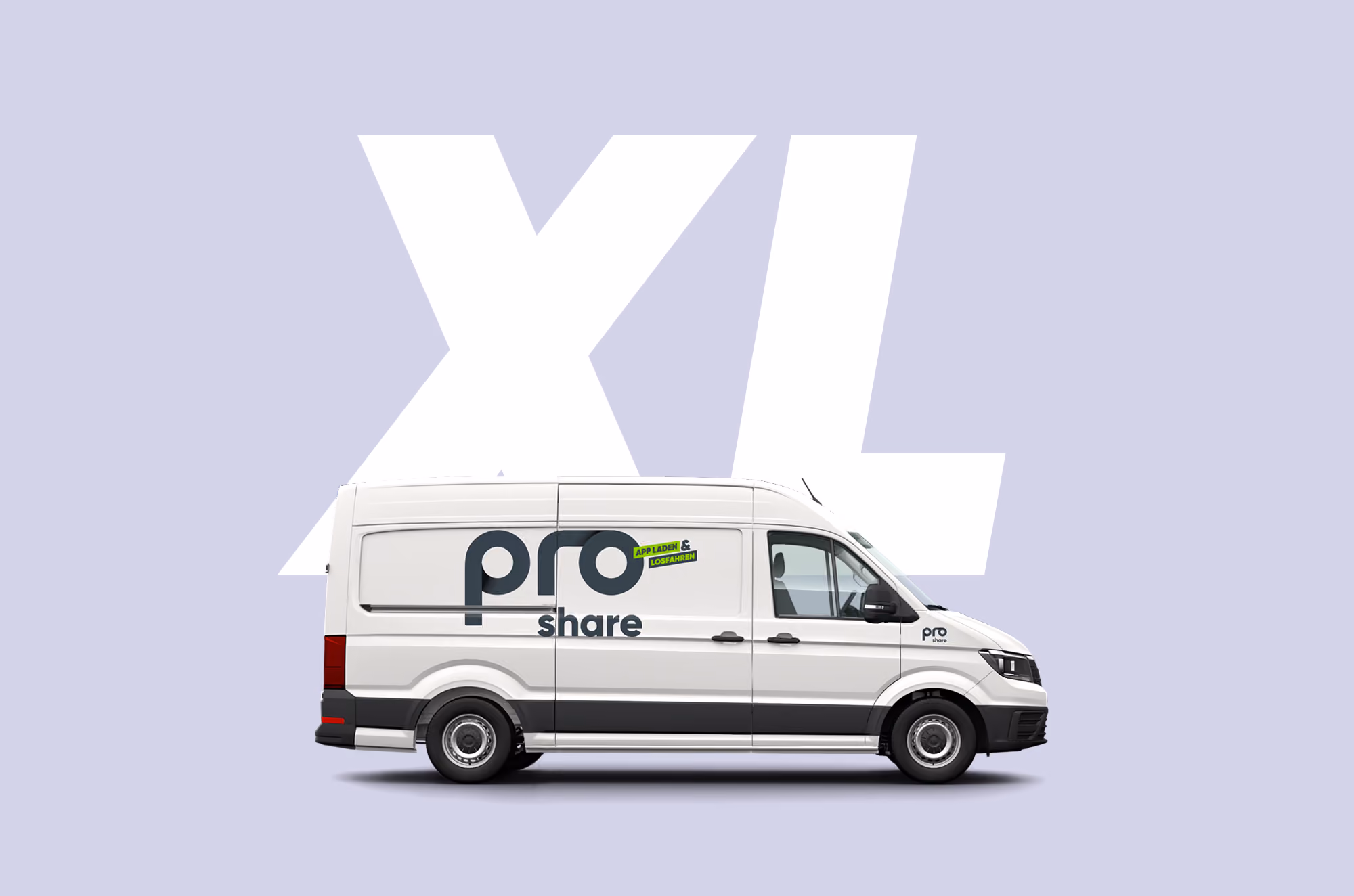 White delivery van with ProShare logo parked against a light purple background with large XL text.