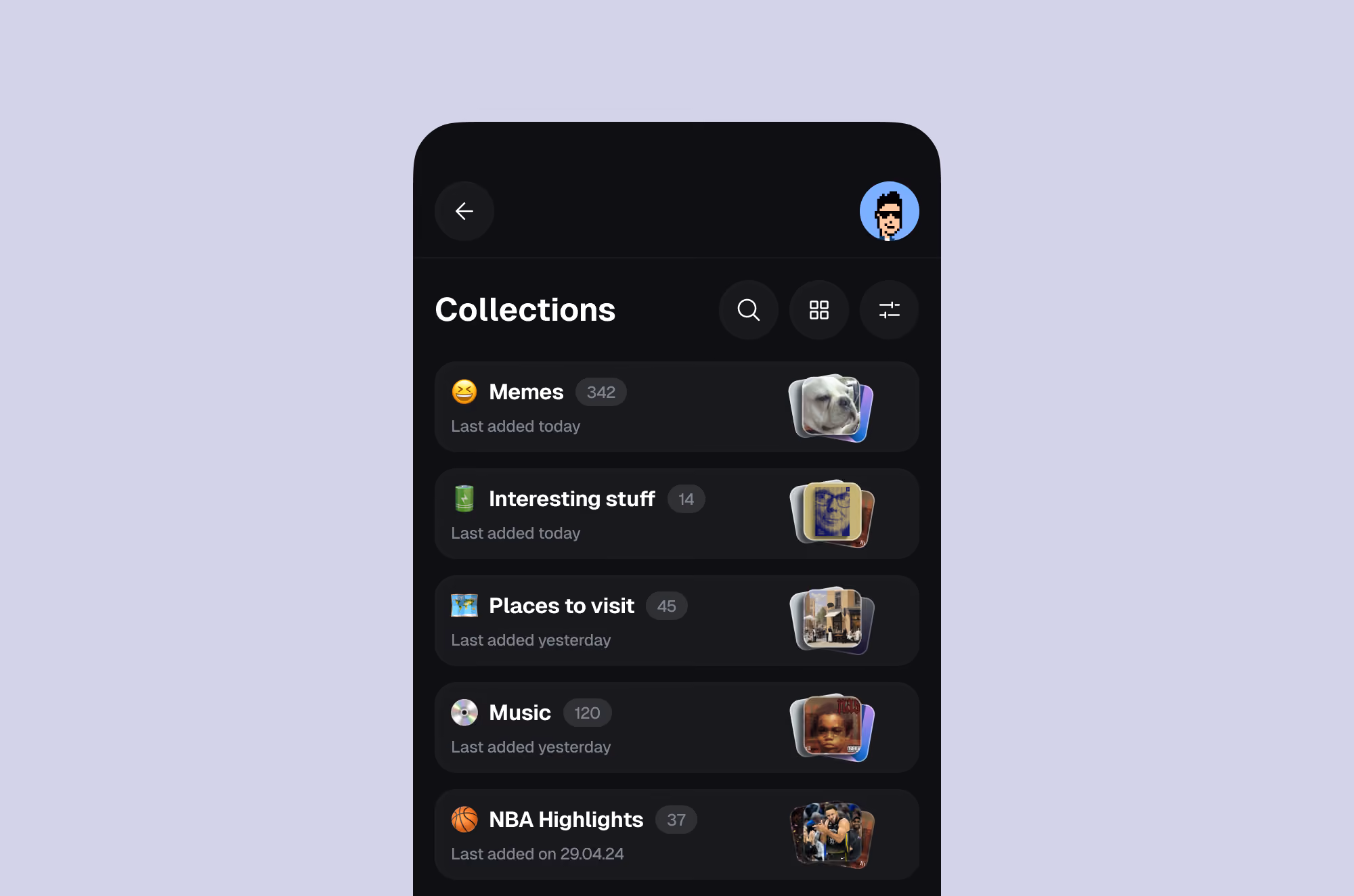 Mobile app screen showing collections: Memes, Interesting stuff, Places to visit, Music, NBA Highlights with counts.