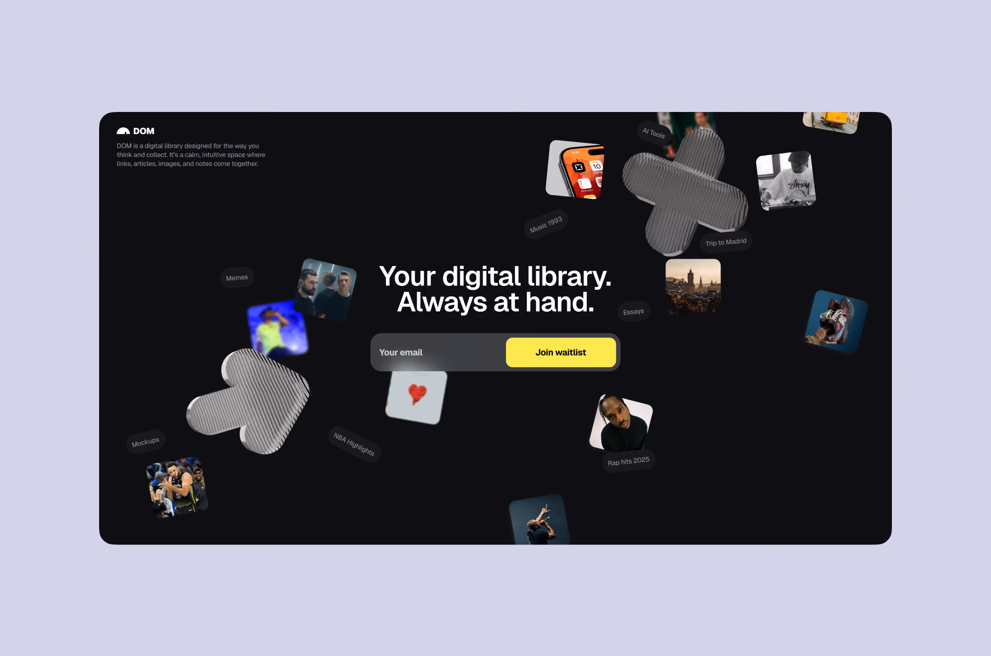 Dark digital library interface with floating images and a yellow button to join waitlist by email.
