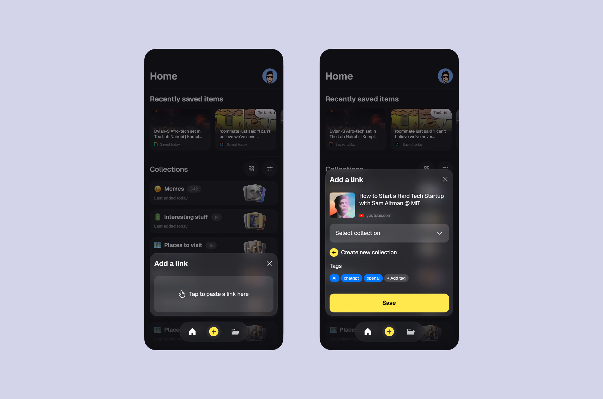 Two phone screens showing a dark mode app for saving links with collections and tag options.