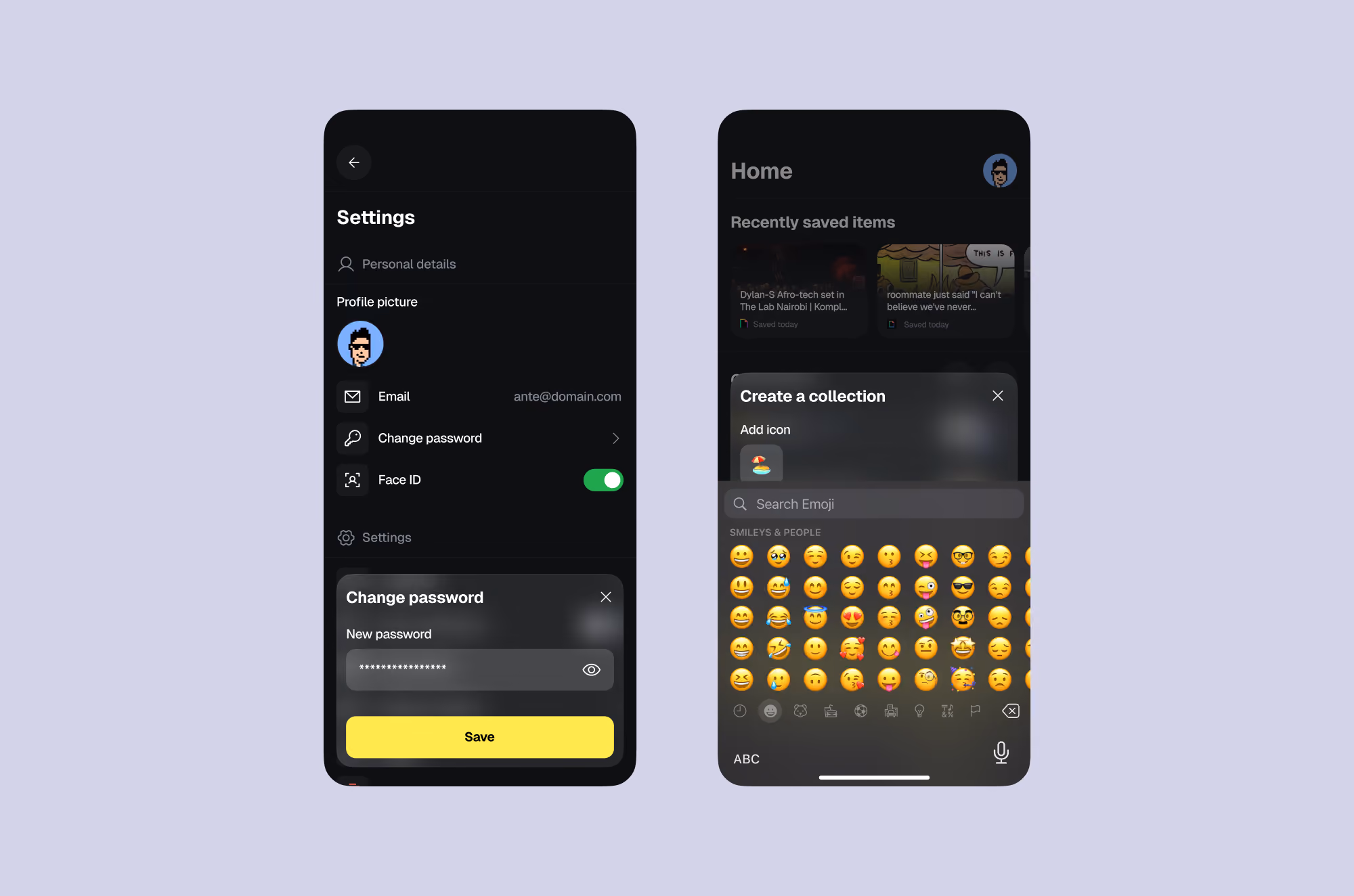 Two smartphone screens showing app settings with profile, password change, and emoji picker for collections.