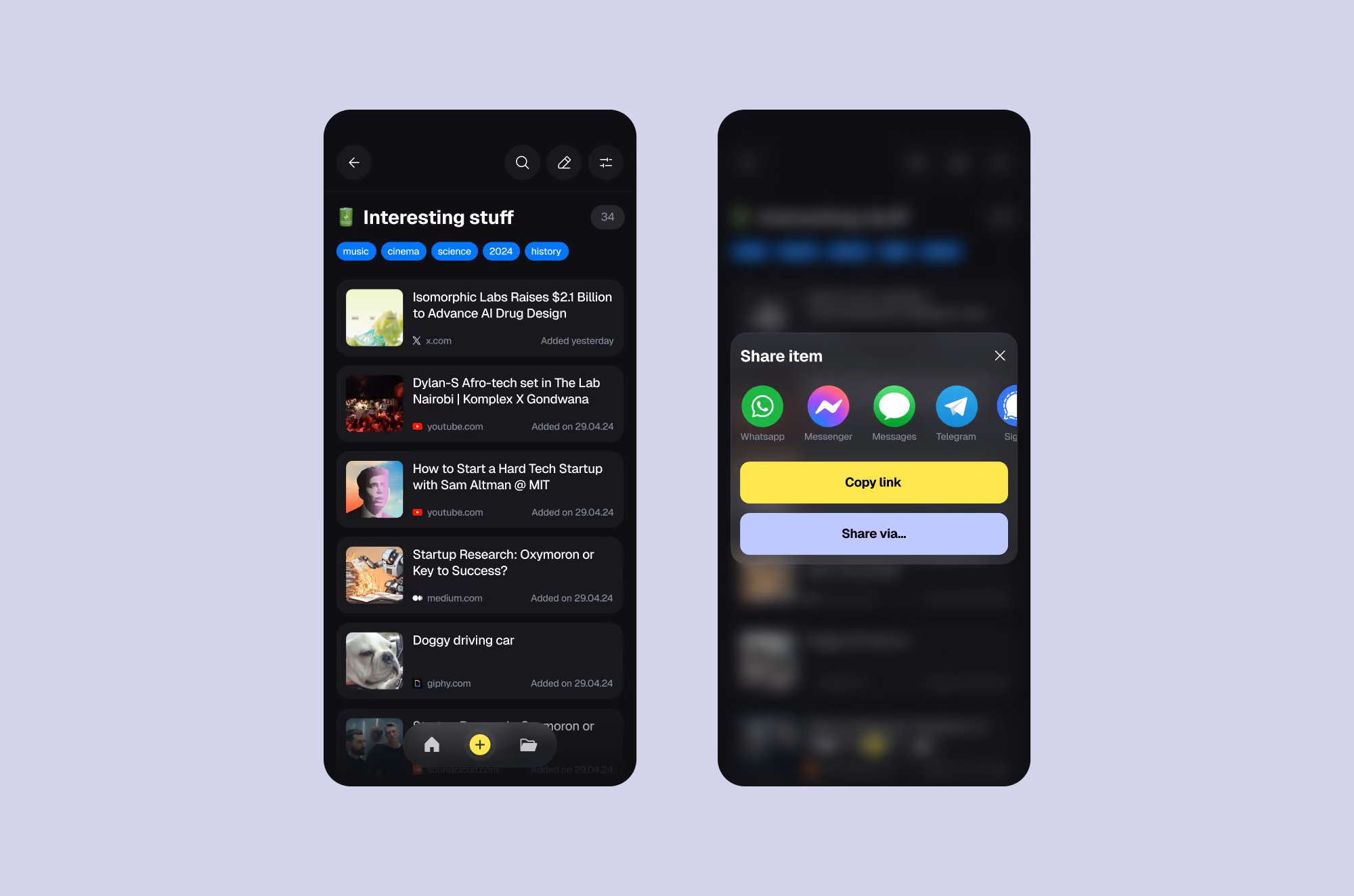Two smartphone screens showing a list of articles and sharing options including WhatsApp and Messenger.
