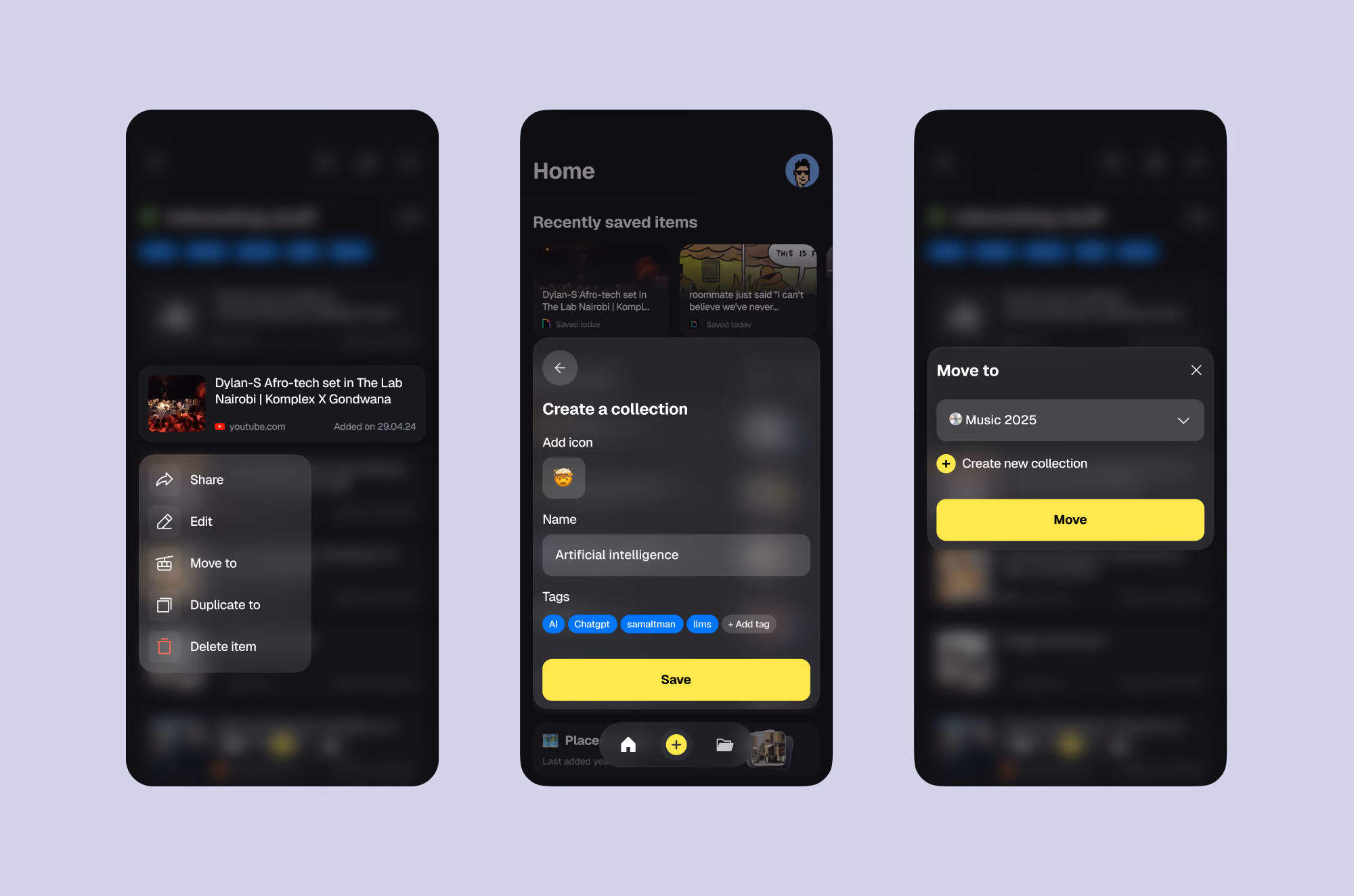 Three mobile screens showing options to share, create a collection, and move an item in an app.