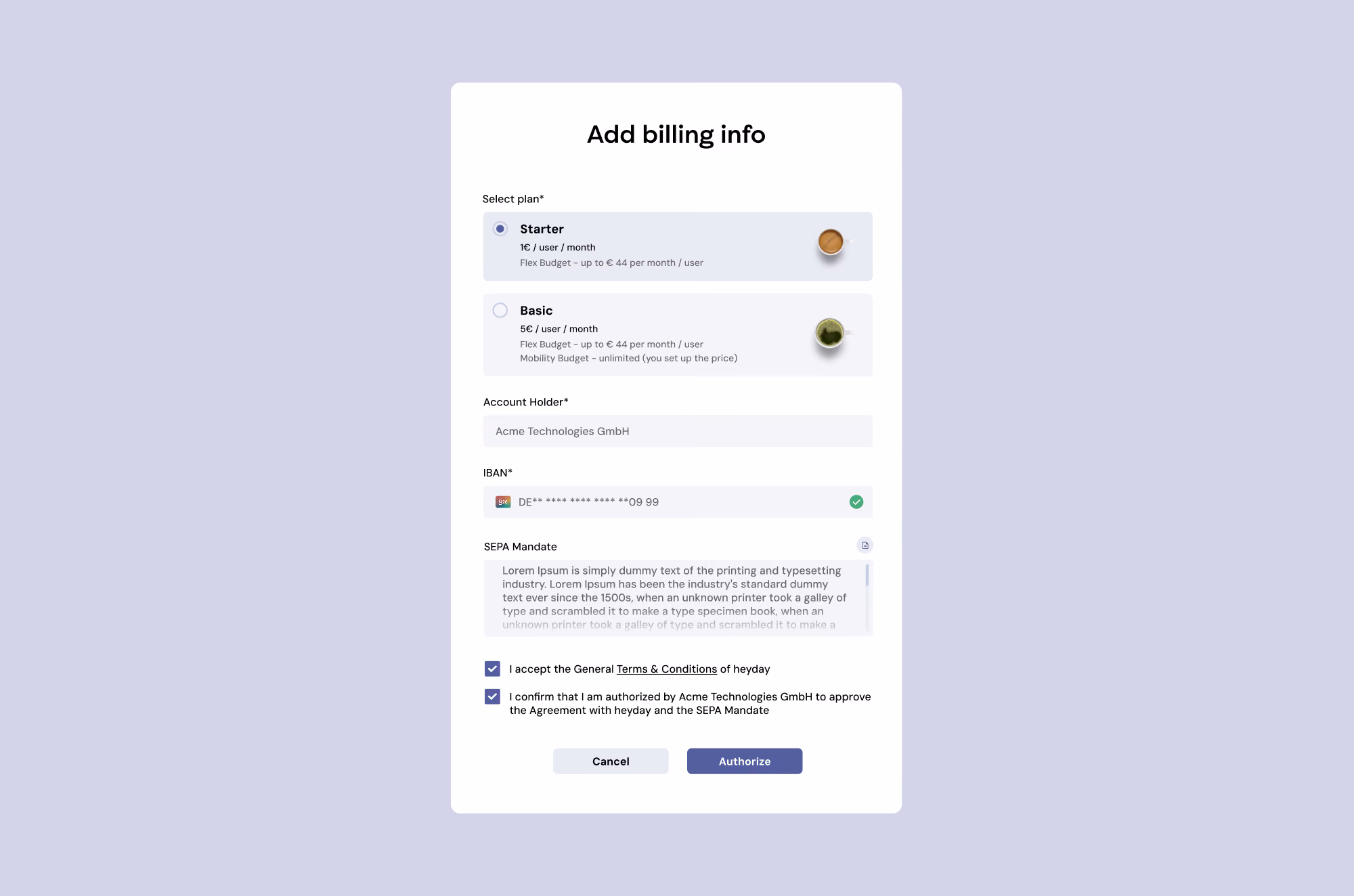 Billing info form with plan options, account holder, IBAN, SEPA mandate, and authorization checkboxes.