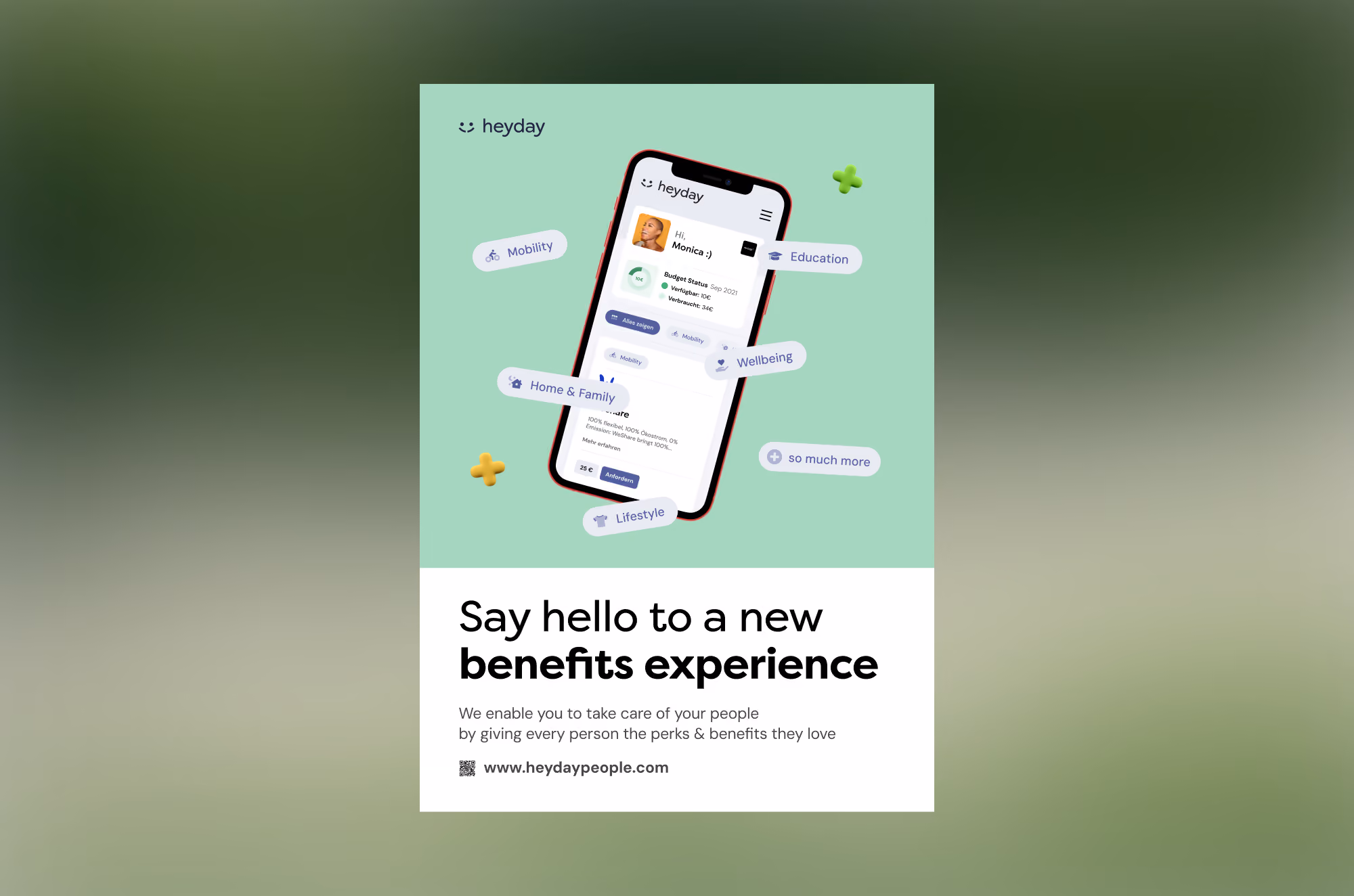 Smartphone displaying heyday app surrounded by perks like mobility, education, wellbeing, lifestyle, and family.