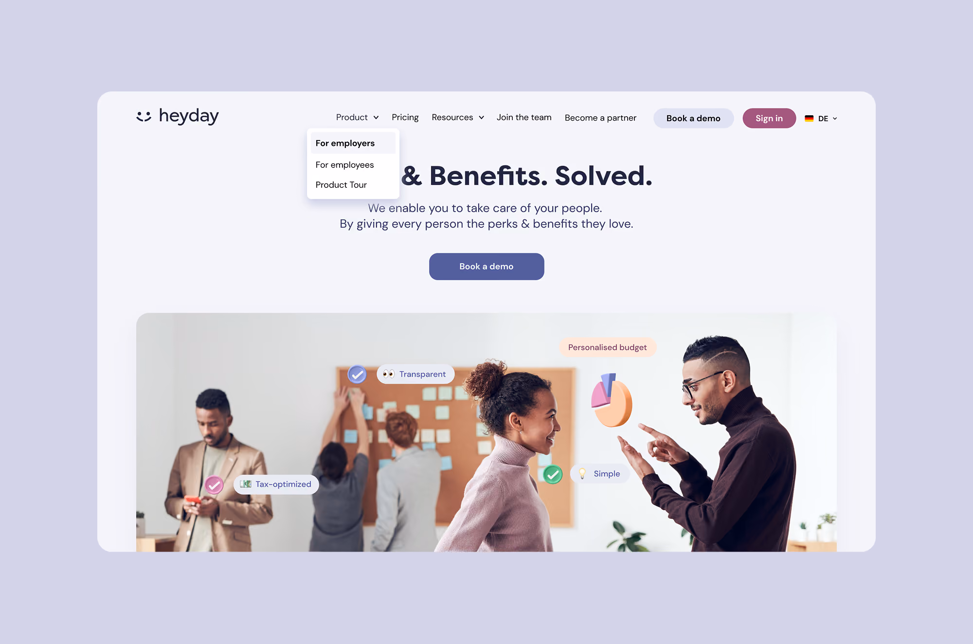 Website hero section with diverse people discussing work and benefits like tax-optimized and personalized budget.