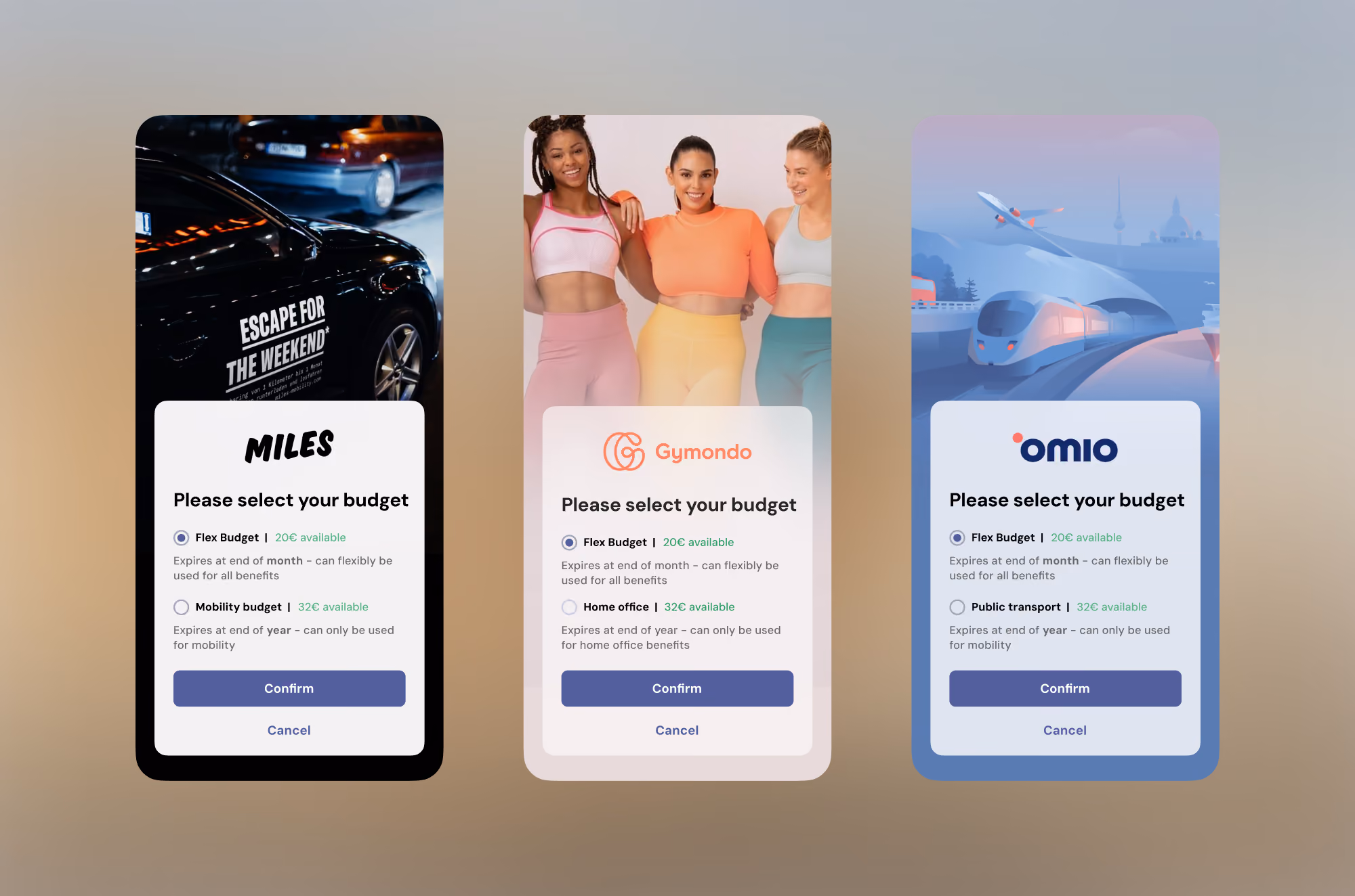 Three mobile screens showing budget selection options for Miles, Gymondo, and Omio apps with confirm buttons.
