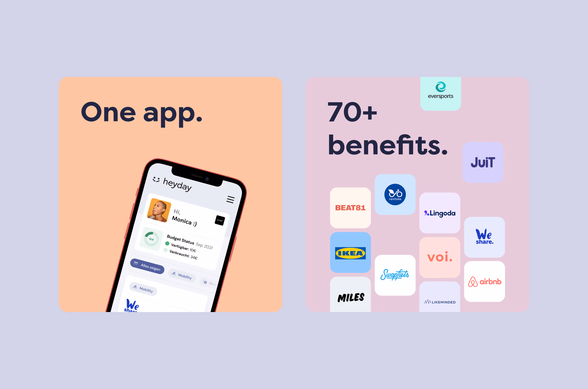 Split screen with phone app interface and logos of multiple brands highlighting one app and 70+ benefits.