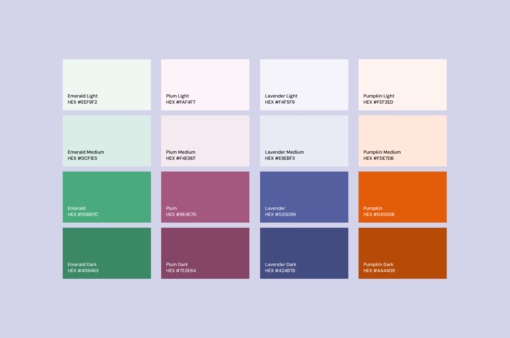 Color palette chart showing Emerald, Plum, Lavender, and Pumpkin shades with HEX codes.