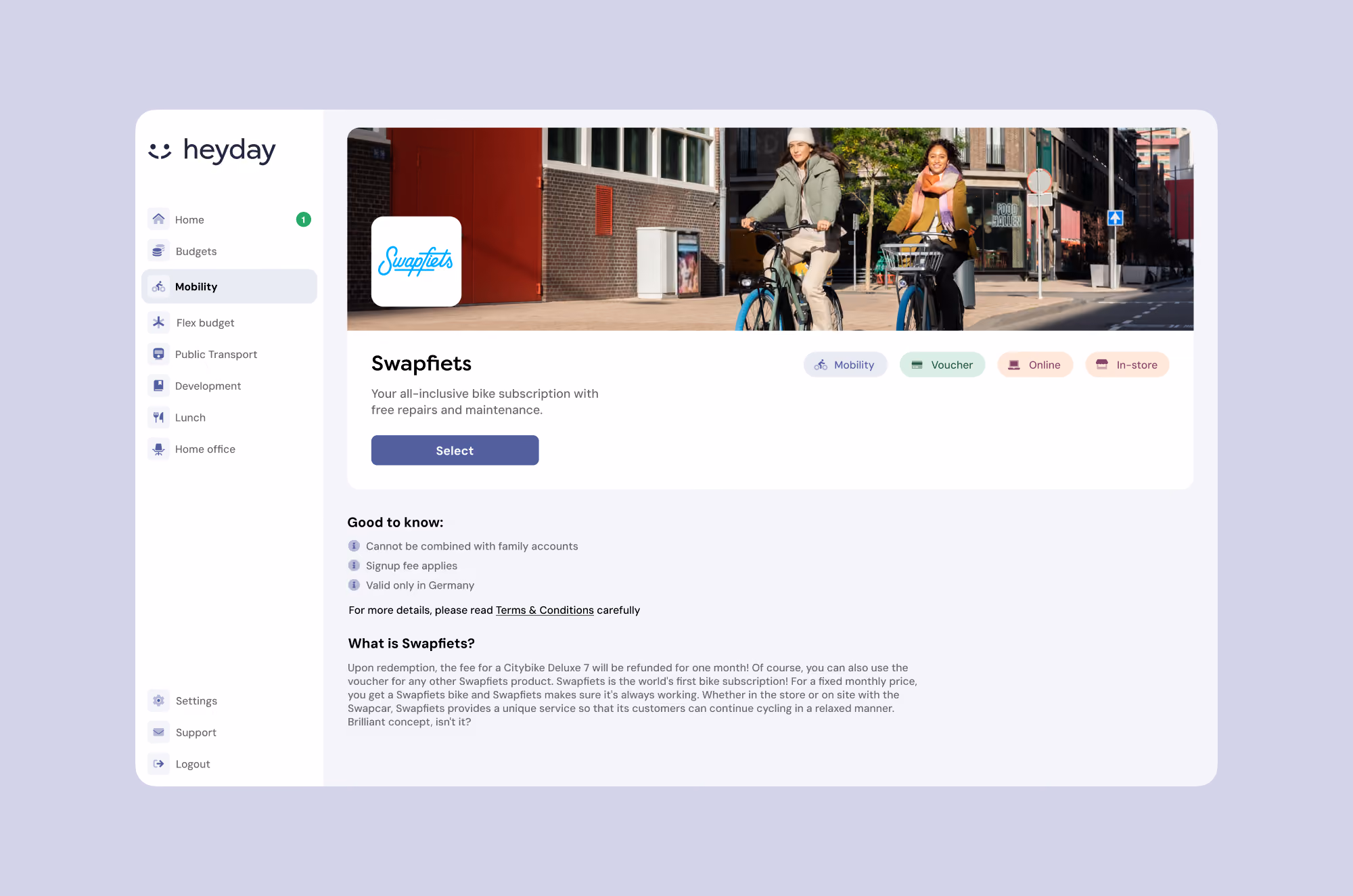 Heyday app screen showing Swapfiets bike subscription with free repairs and maintenance details.