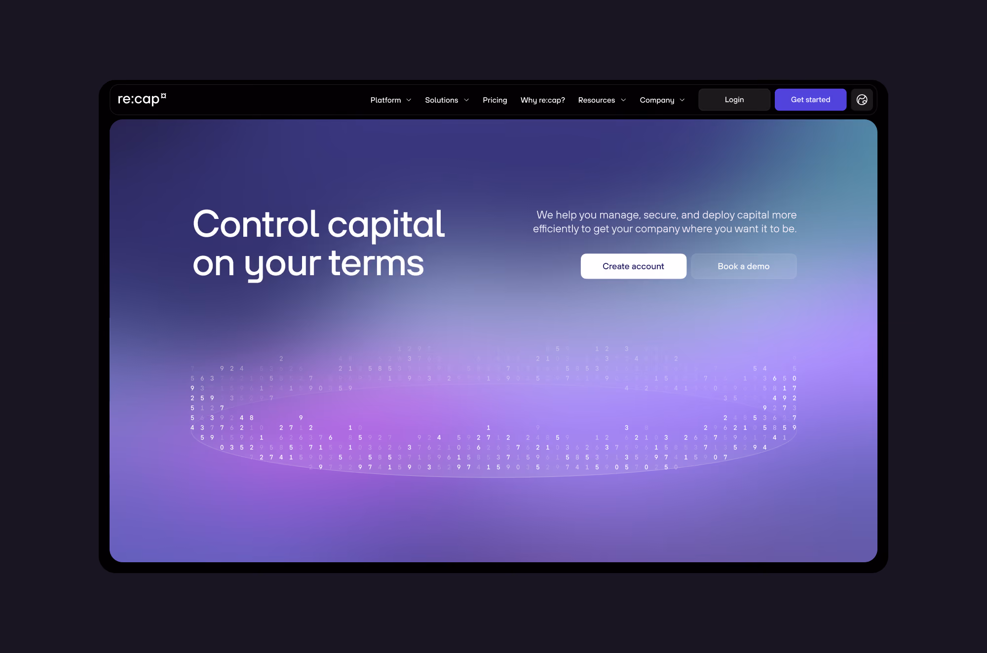 Website homepage with text 'Control capital on your terms' and buttons to create account or book a demo.
