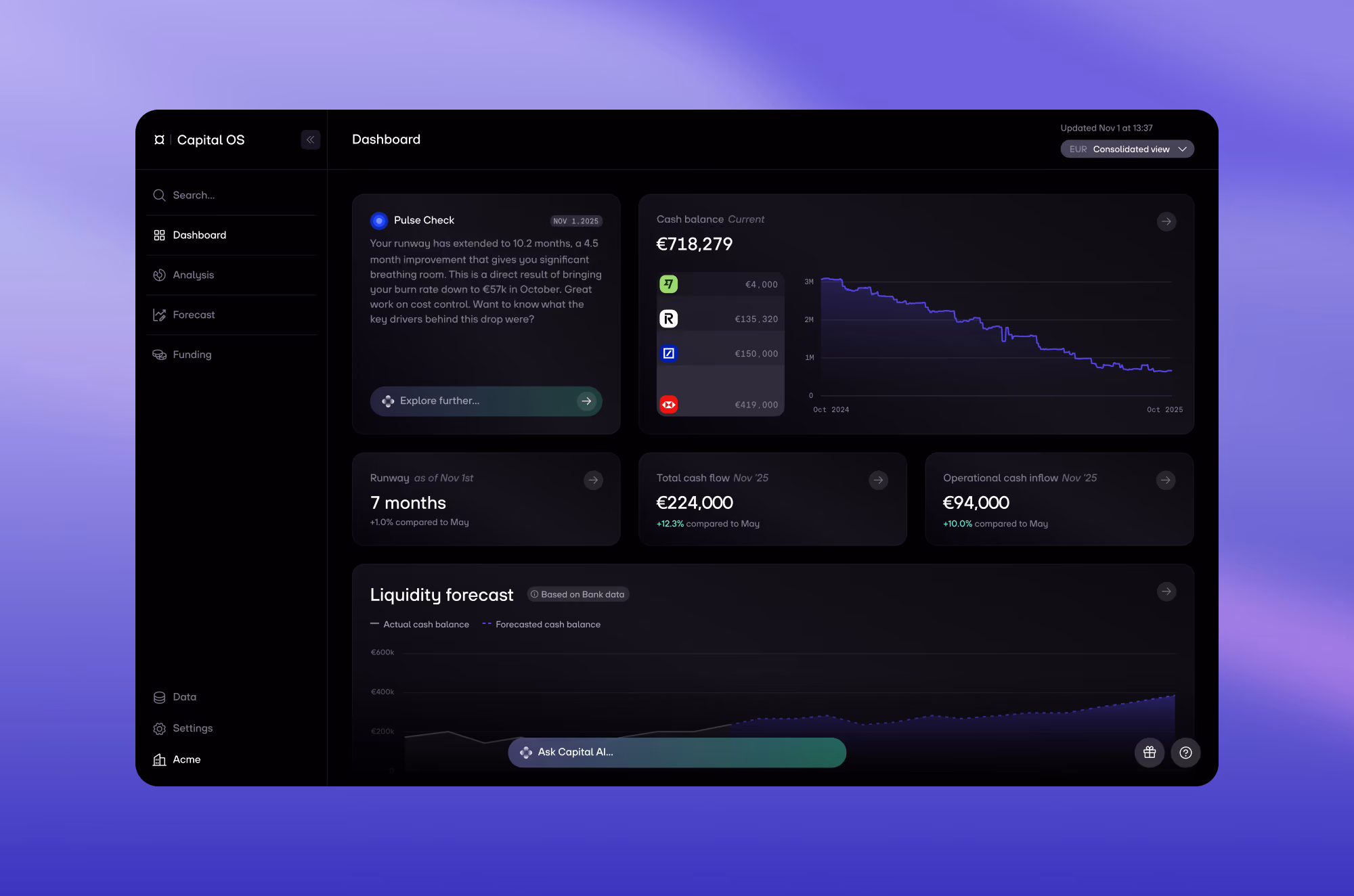 Capital OS dashboard showing cash balance, runway of 7 months, cash flow, and liquidity forecast graphs.
