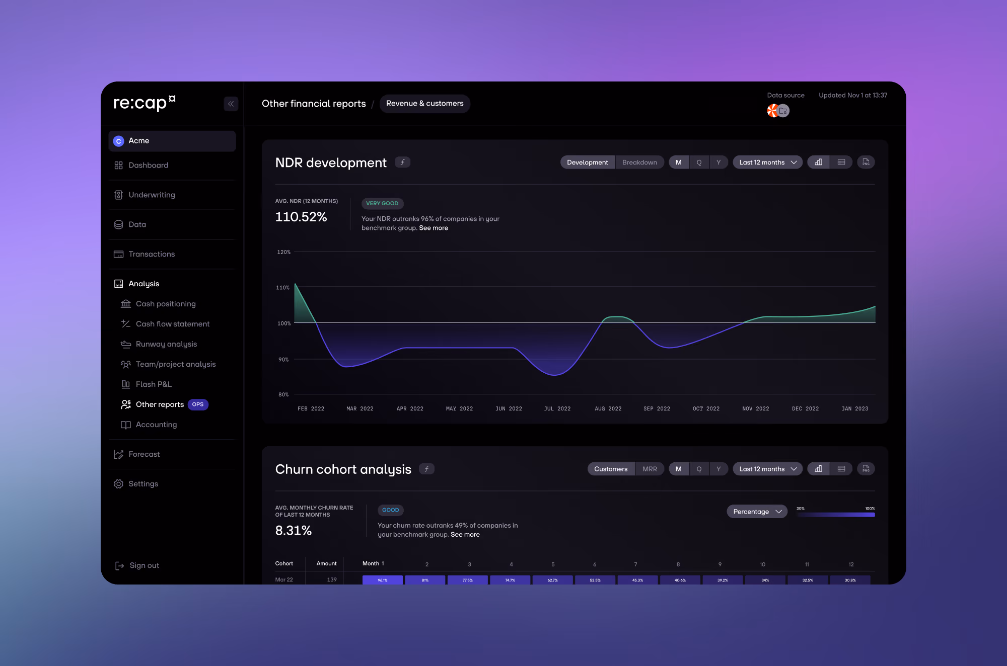 Dashboard showing NDR development line graph and churn cohort analysis with monthly rates and percentage data.