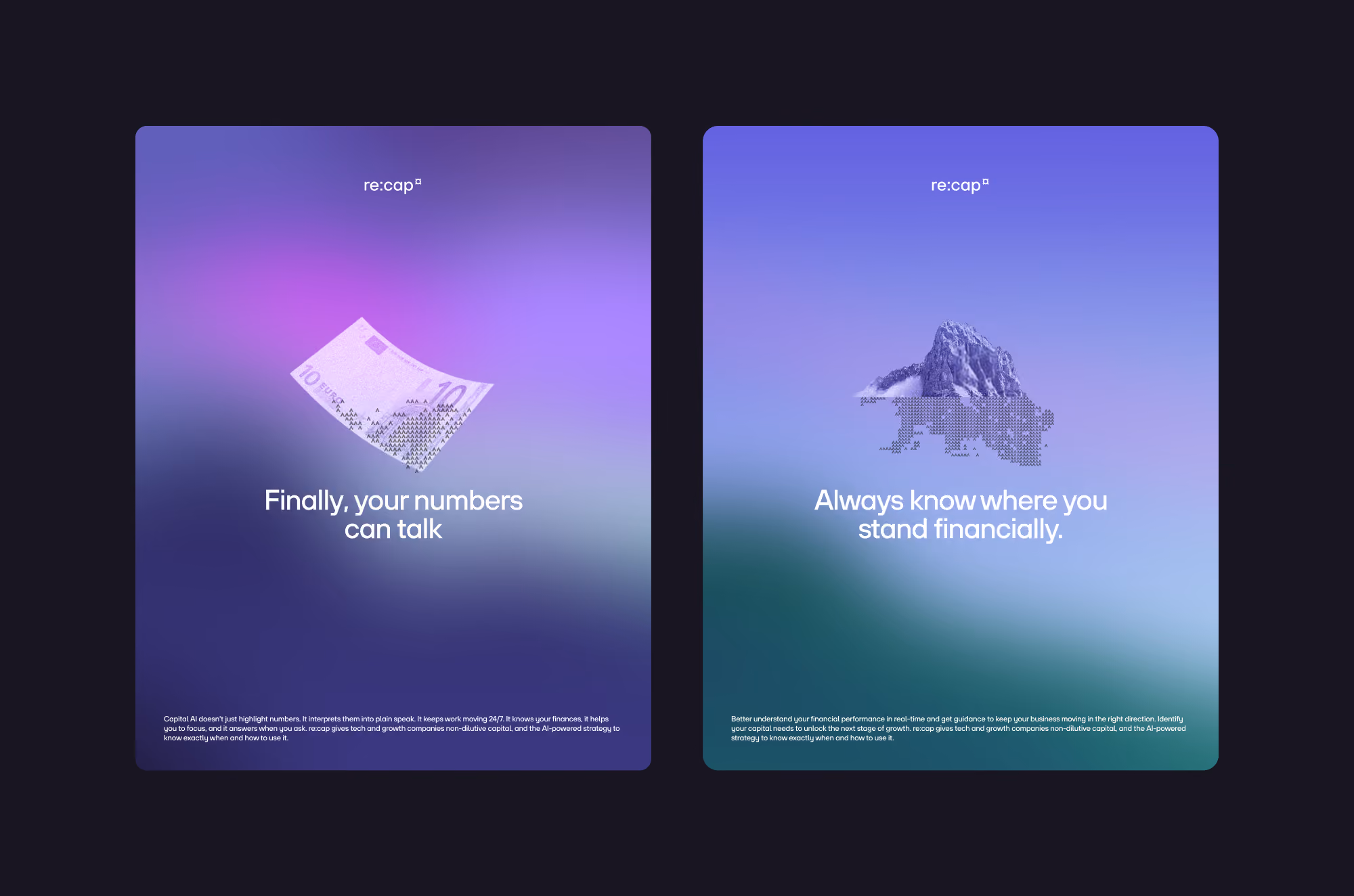 Two panels with purple-blue gradients, a floating 10 euro bill and mountain, plus financial text slogans.
