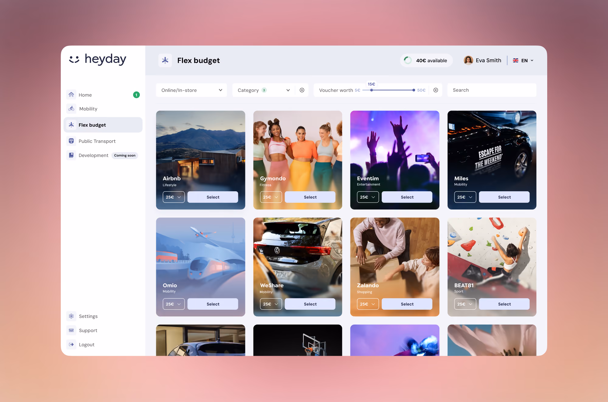 Budget app interface showing selectable lifestyle, fitness, entertainment, mobility, and shopping options.