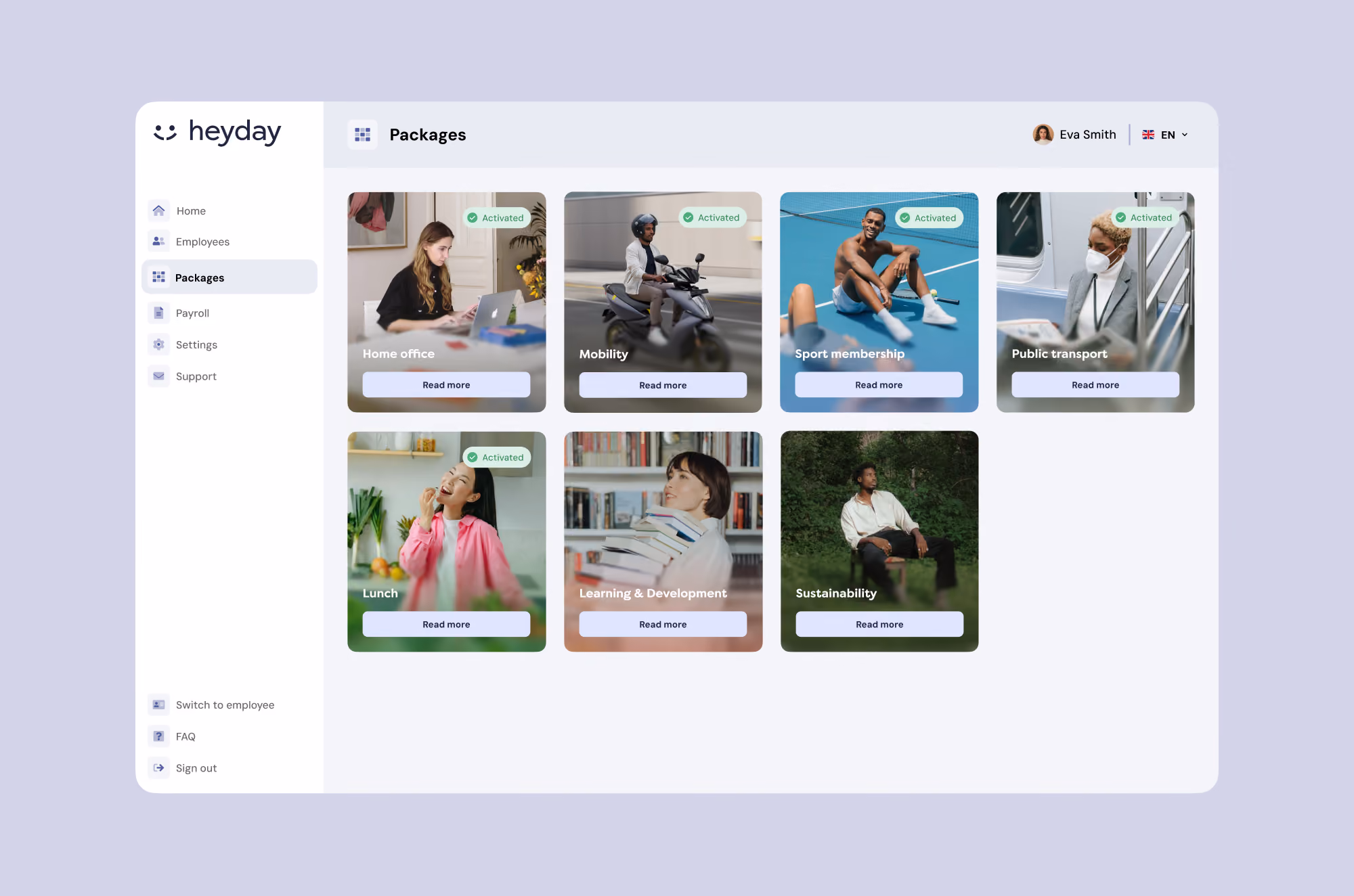 User interface screen from Heyday application displaying seven package options: Home Office, Mobility, Sport Membership, Public Transport, Lunch, Learning & Development, and Sustainability. Each package has a representative image and a 'Read more' button; five packages are marked as activated with a green 'Activated' label. Navigation menu on the left includes Home, Employees, Packages (highlighted), Payroll, Settings, Support, Switch to employee, FAQ, and Sign out. The top bar shows a user avatar named Eva Smith and a language selection dropdown set to EN.