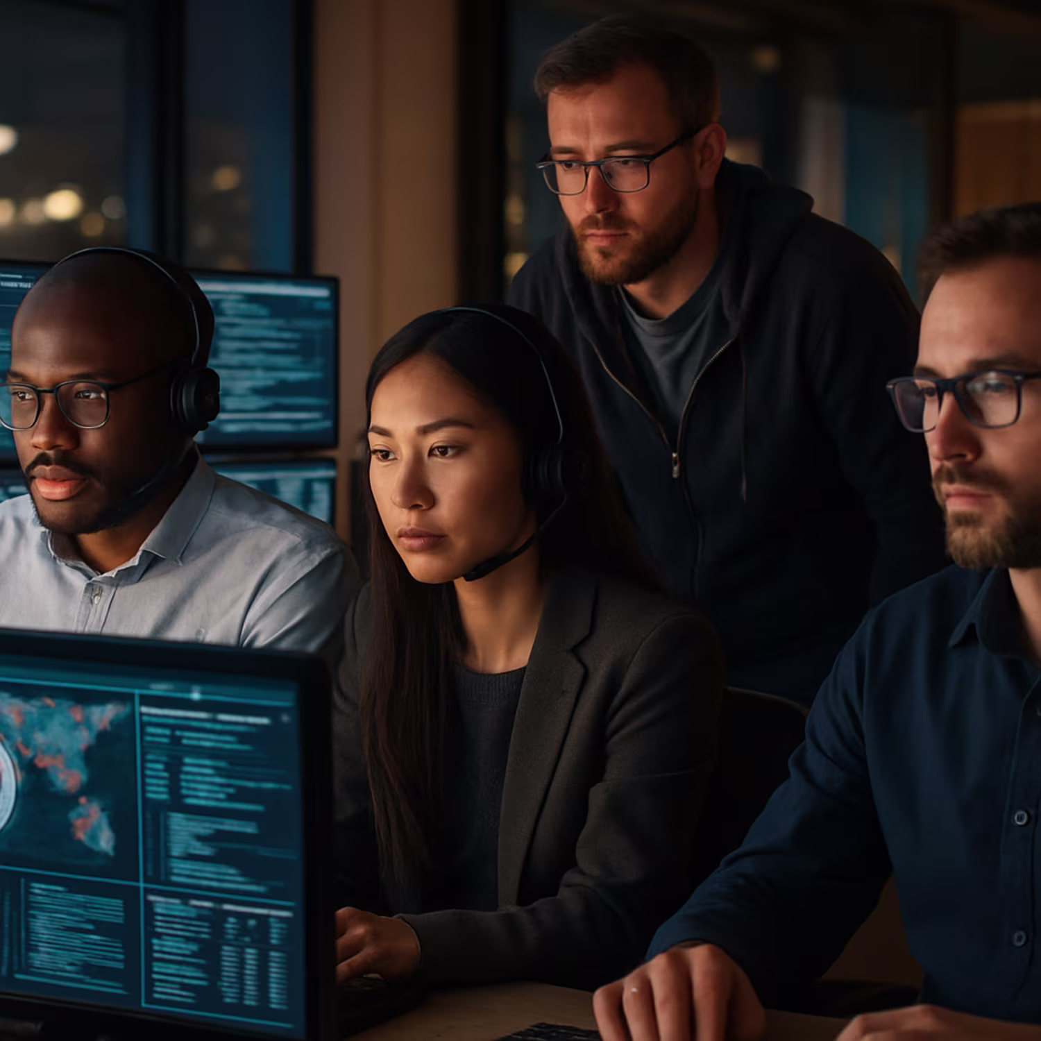 Diverse IT team monitoring AI cybersecurity systems