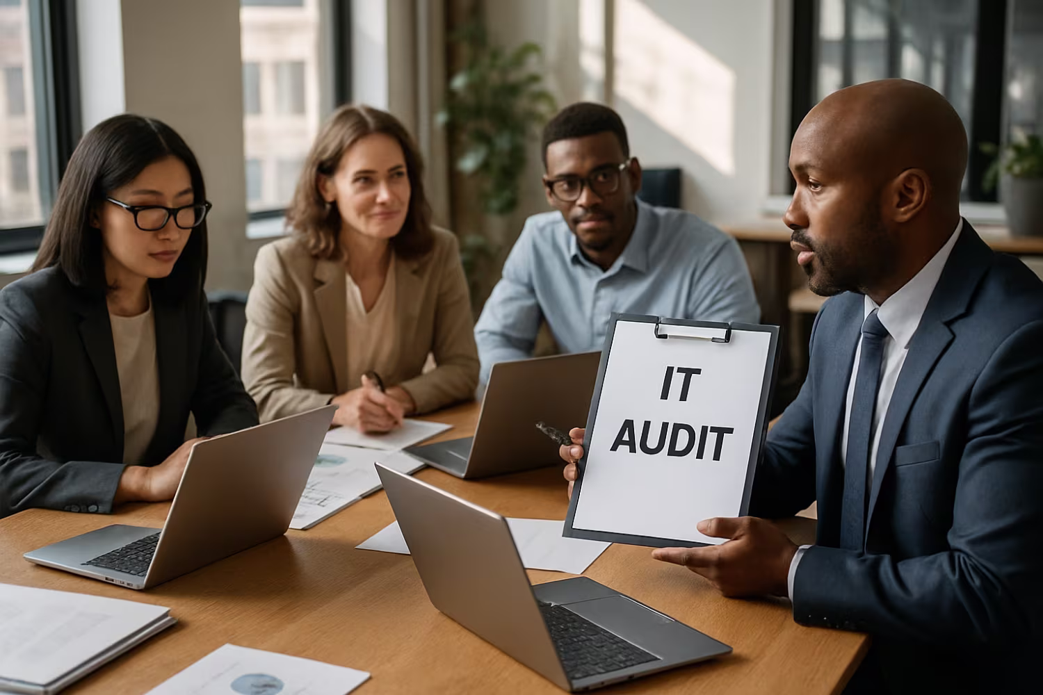 Diverse team conducting IT audit