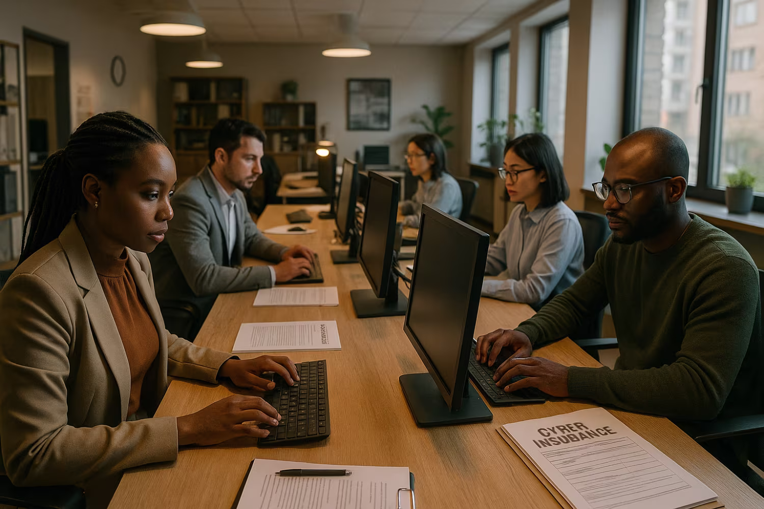Diverse team discussing cyber insurance