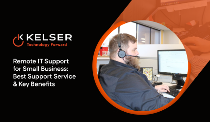 Kelser Technology Forward logo and IT support technician working at computer with headset providing remote helpdesk assist...