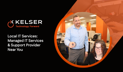 Kelser Technology Forward logo and two IT support professionals working together at a managed services office