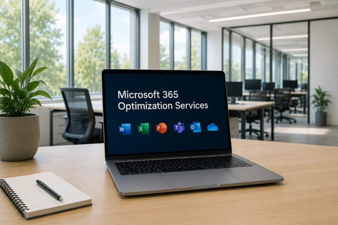 Laptop displaying Microsoft 365 Optimization Services with Word, Excel, PowerPoint, Teams, Outlook, and OneDrive icons