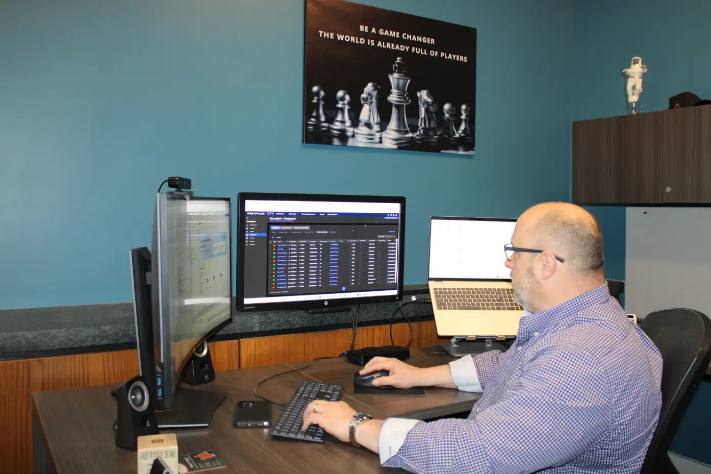 IT technician monitoring cybersecurity dashboard on Sophos console with multiple screens in managed services office