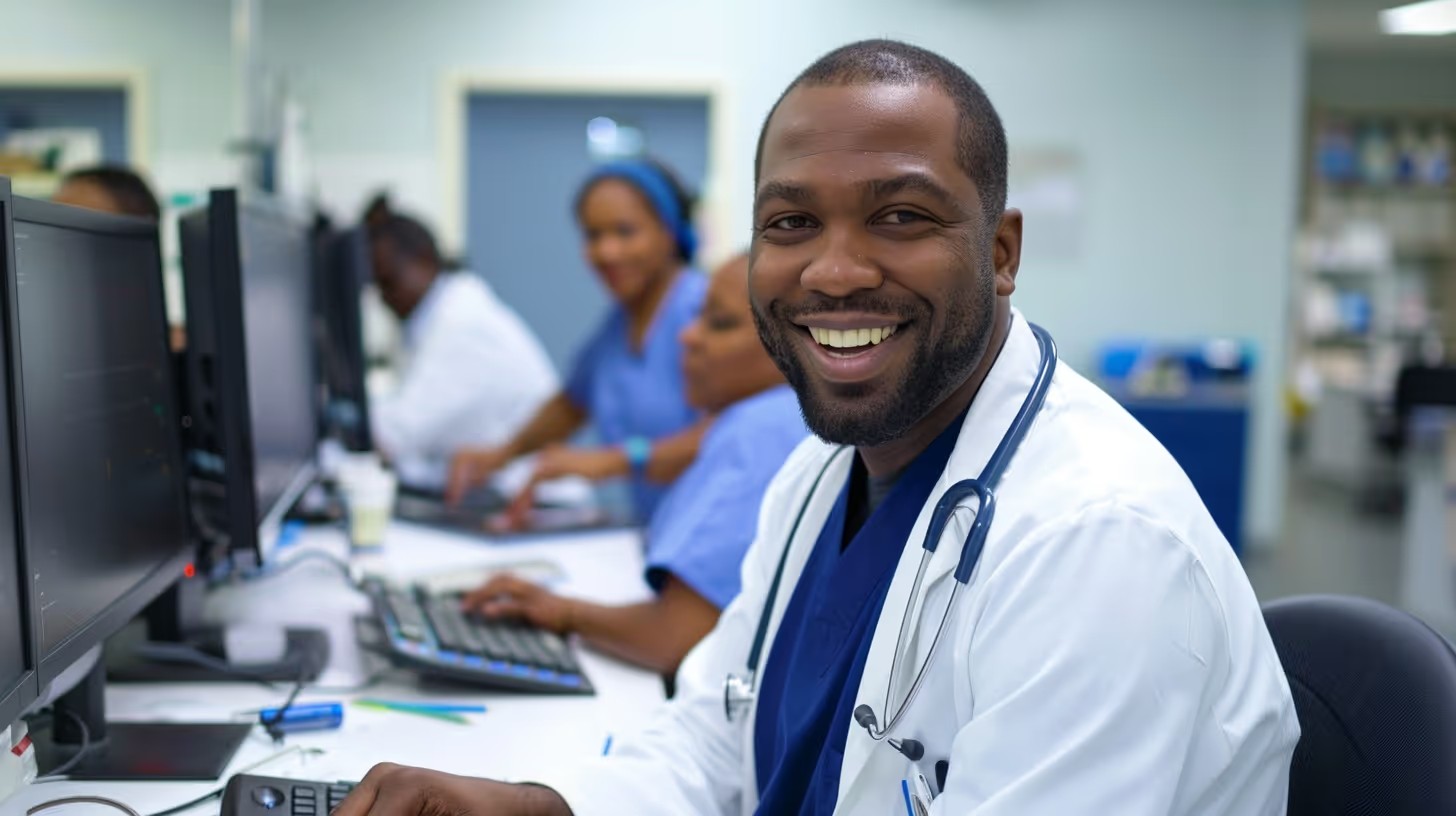 Smiling doctor in white coat using computer at hospital IT workstation with medical staff working in background