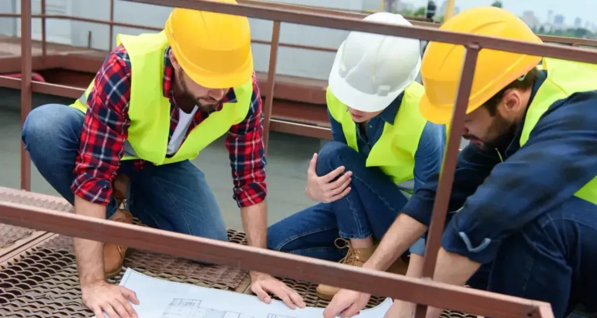 Three construction workers in hard hats and safety vests reviewing blueprints together on a job site