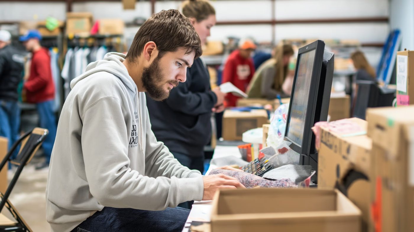 Young man working at desktop computer in busy warehouse, managing IT operations surrounded by cardboard boxes