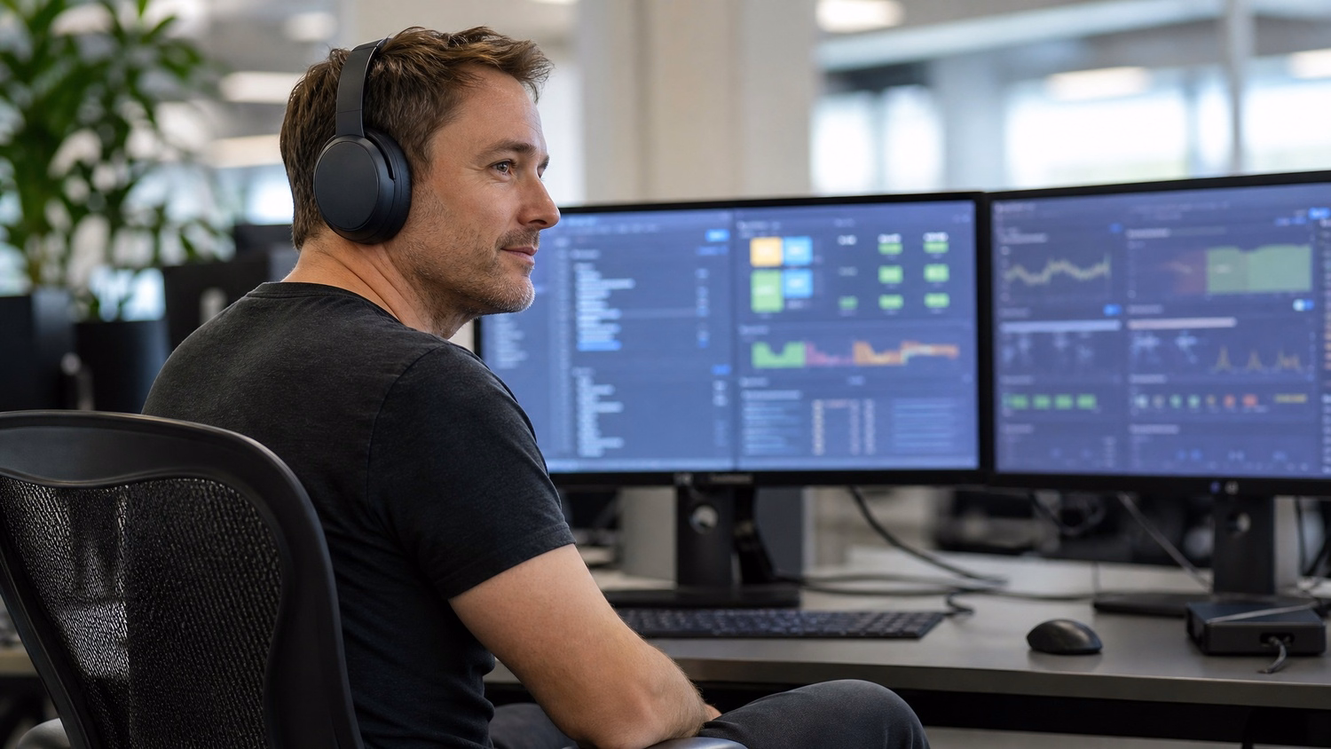 IT professional monitoring server data on dual screens
