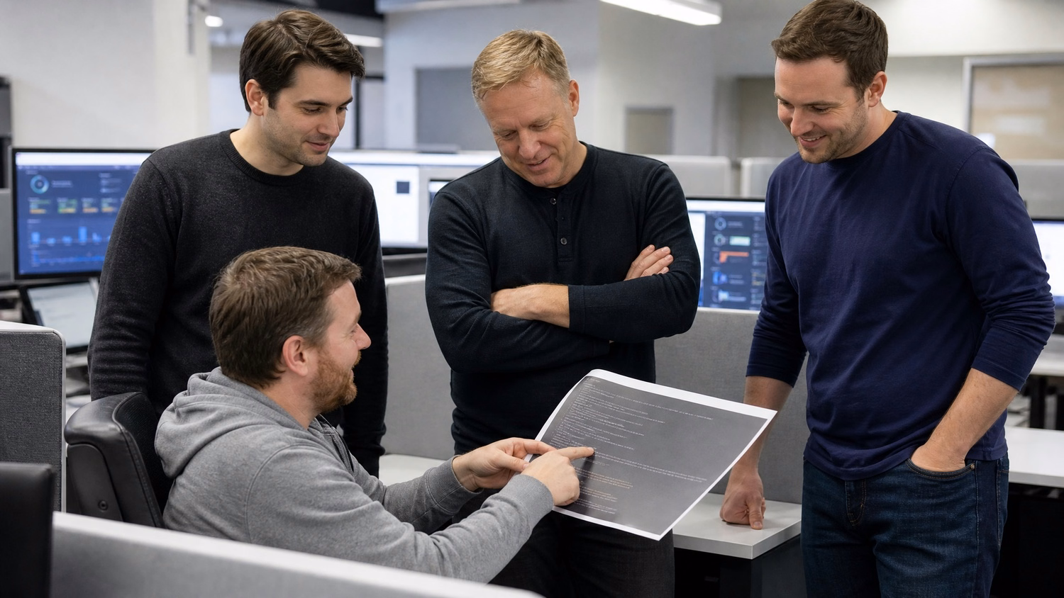Three IT techs huddle around coworker at desk