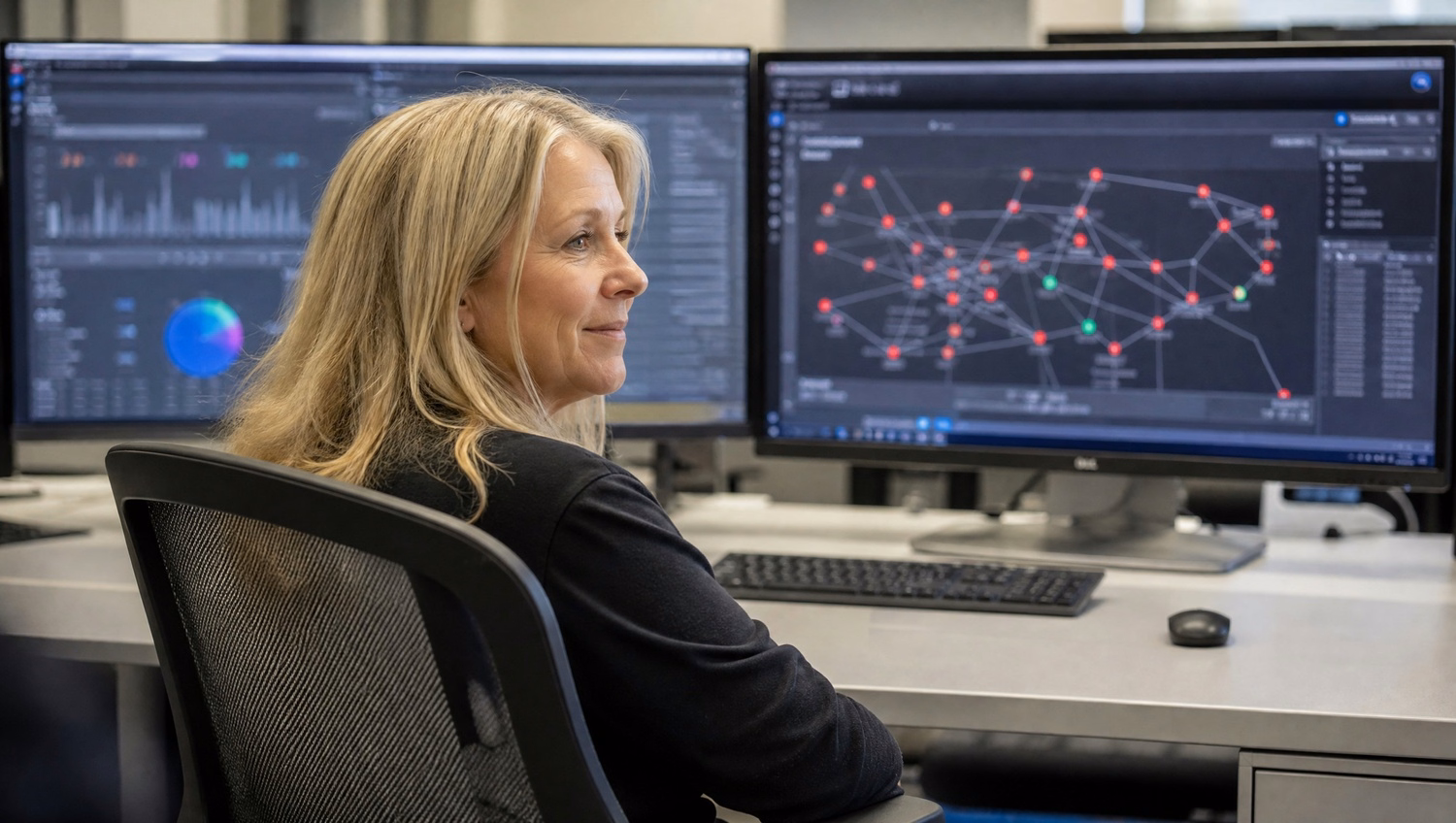 Woman analyzes cascading network failures on screen