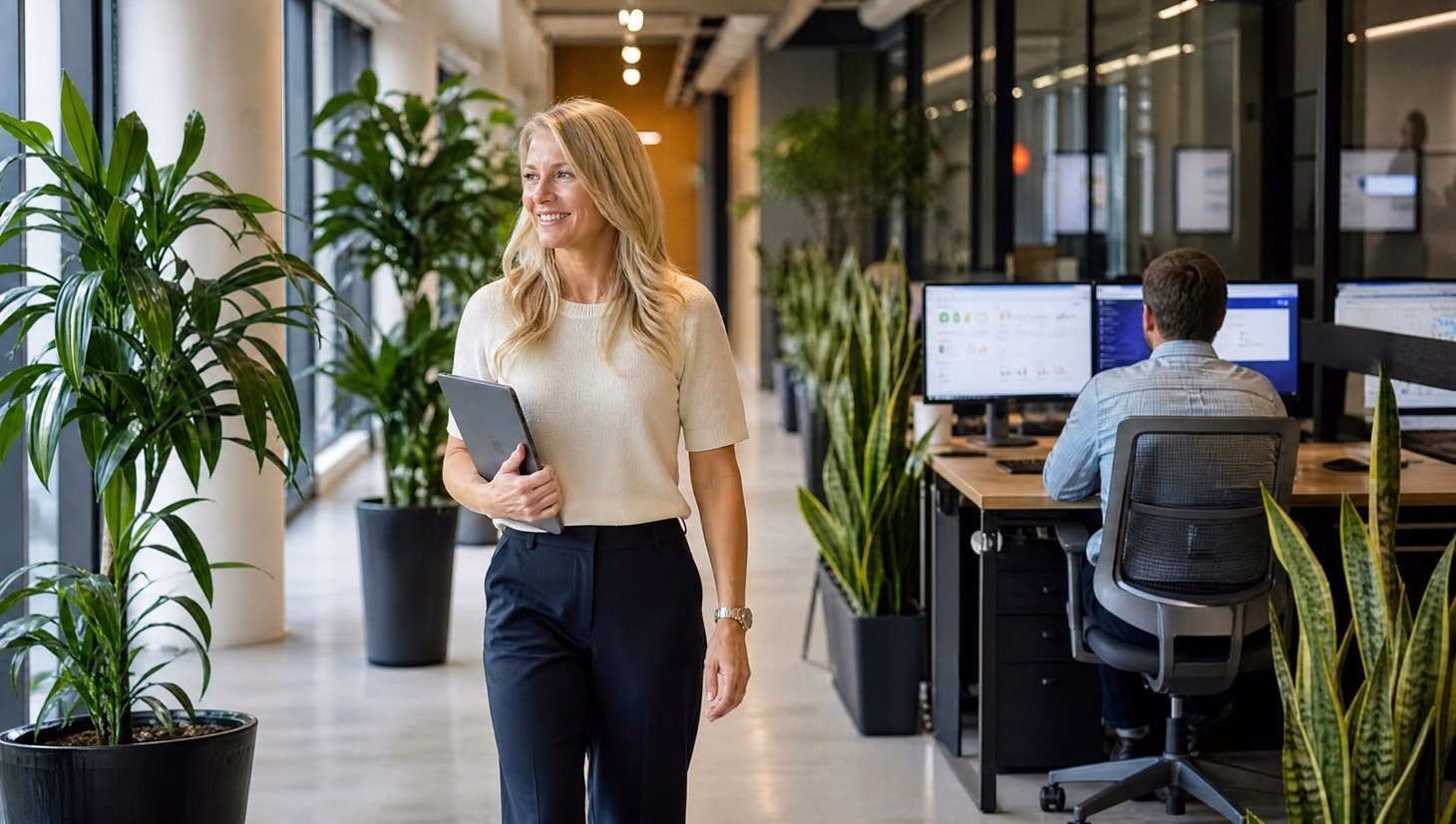 Woman walks down plant-lined modern office corridor with tablet