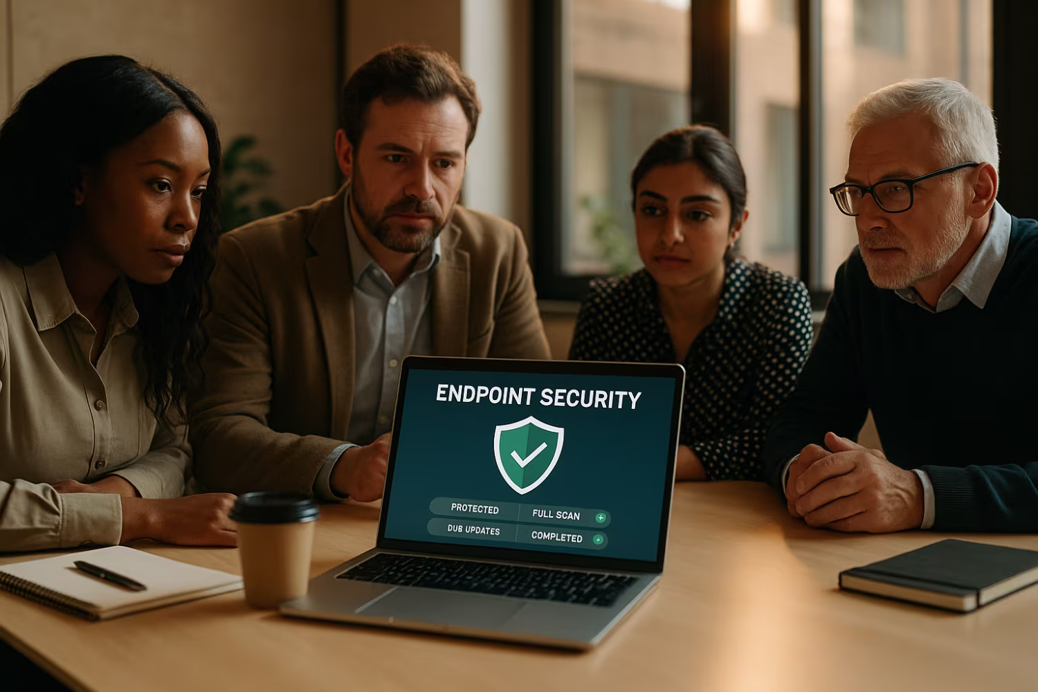 Professionals discussing endpoint security solutions