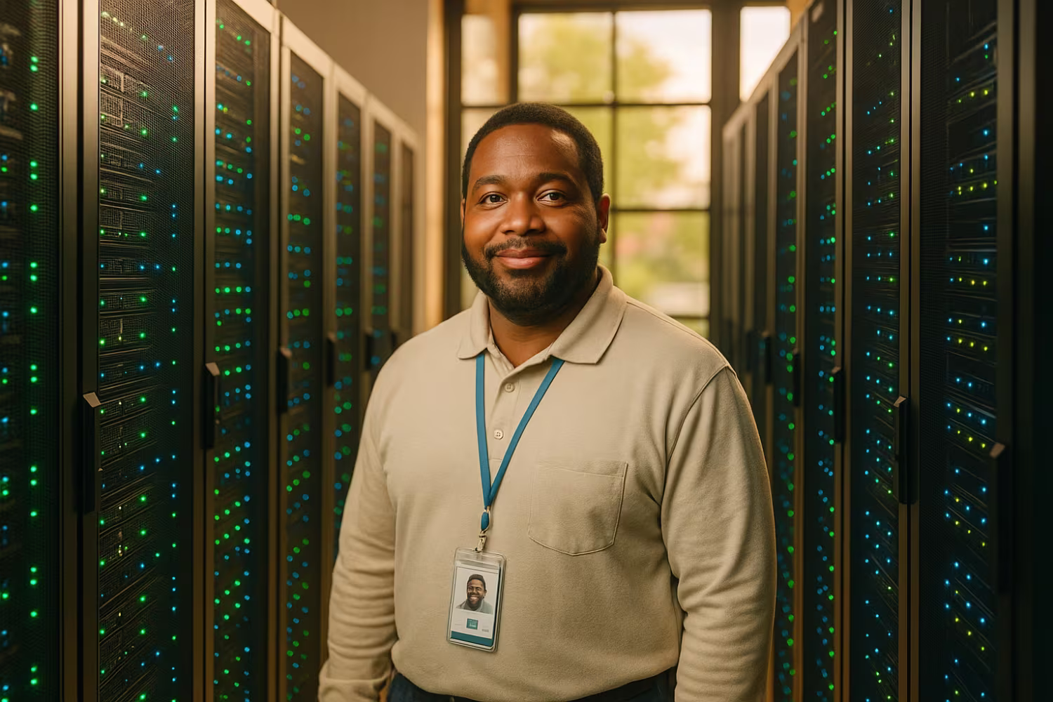Data center technician maintaining business data backup