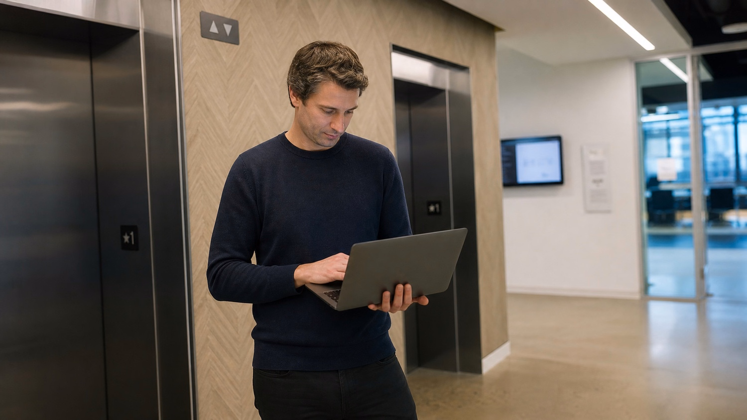 Man with laptop waits in bright, modern elevator lobby