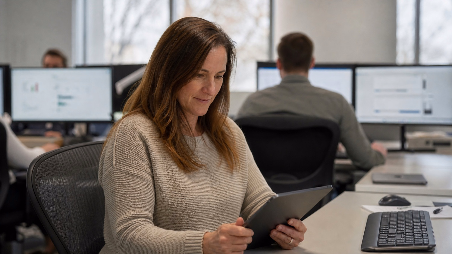 Woman reviews tablet data at her desk