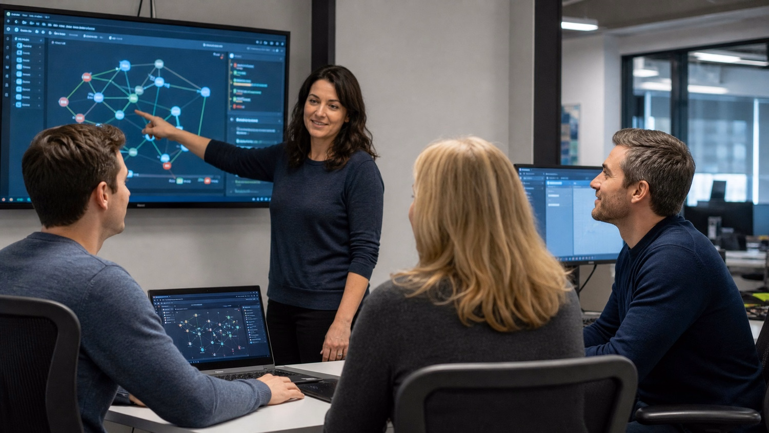 Woman leads data network briefing for colleagues