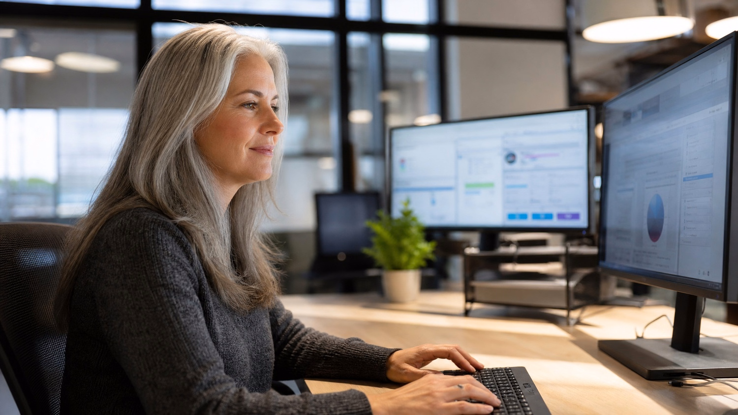 Woman typing at desk, morning light on monitor